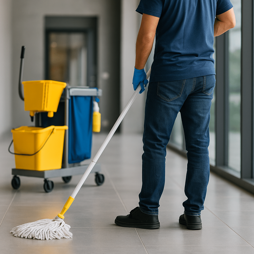 Reinigungskraft wischt Fliesenboden mit Wischmopp und Reinigungswagen für QClean Unterhaltsreinigung