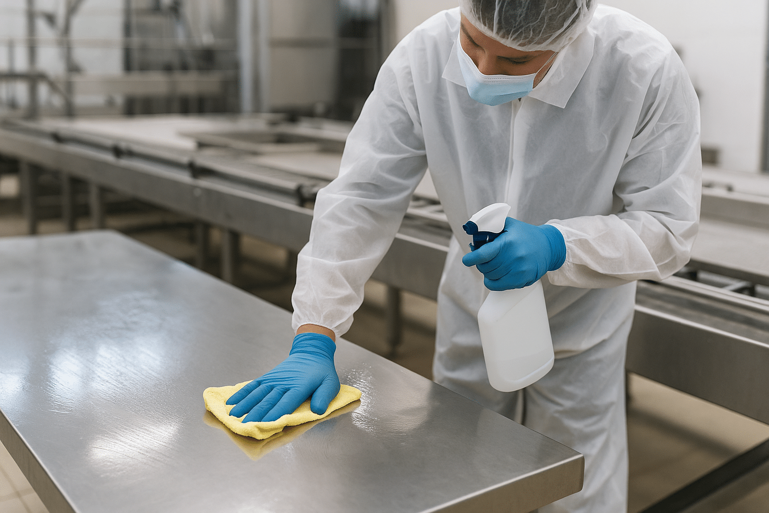 Professioneller Reiniger desinfiziert eine Edelstahloberfläche im Lebensmittelbereich mit Sprühflasche für QClean Hygienedienste