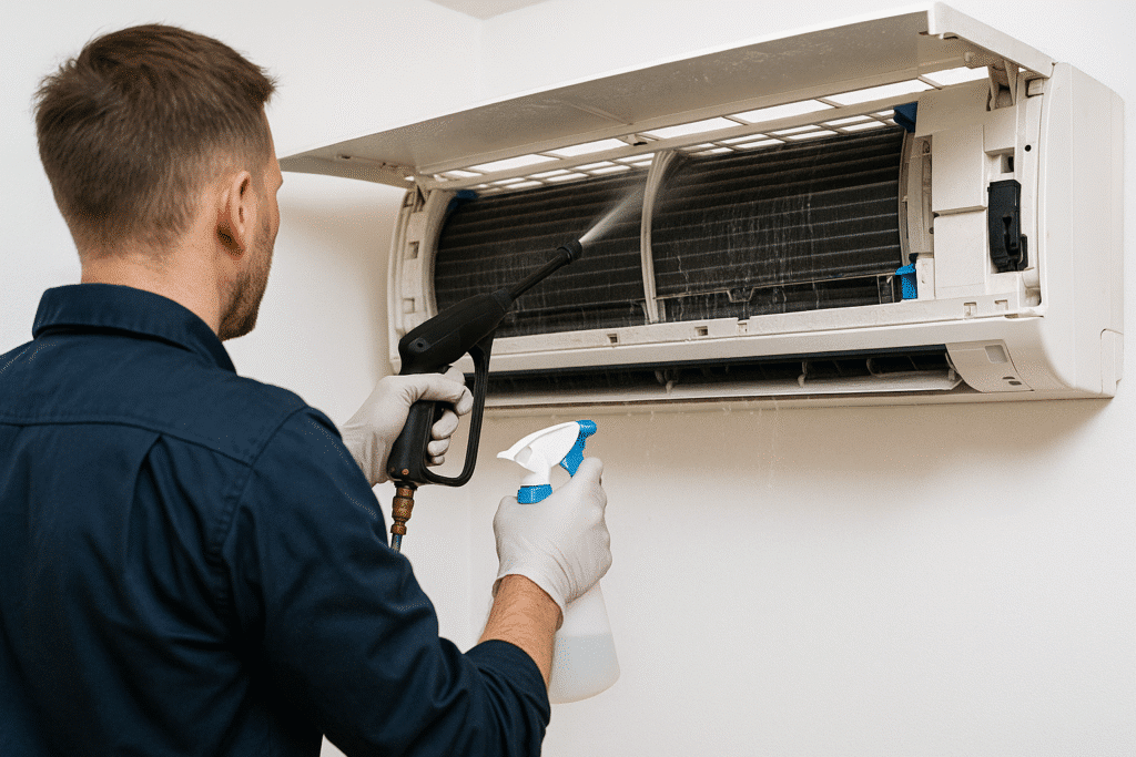 Techniker reinigt Klimaanlage mit Sprühflasche für professionellen QClean Klimaservice