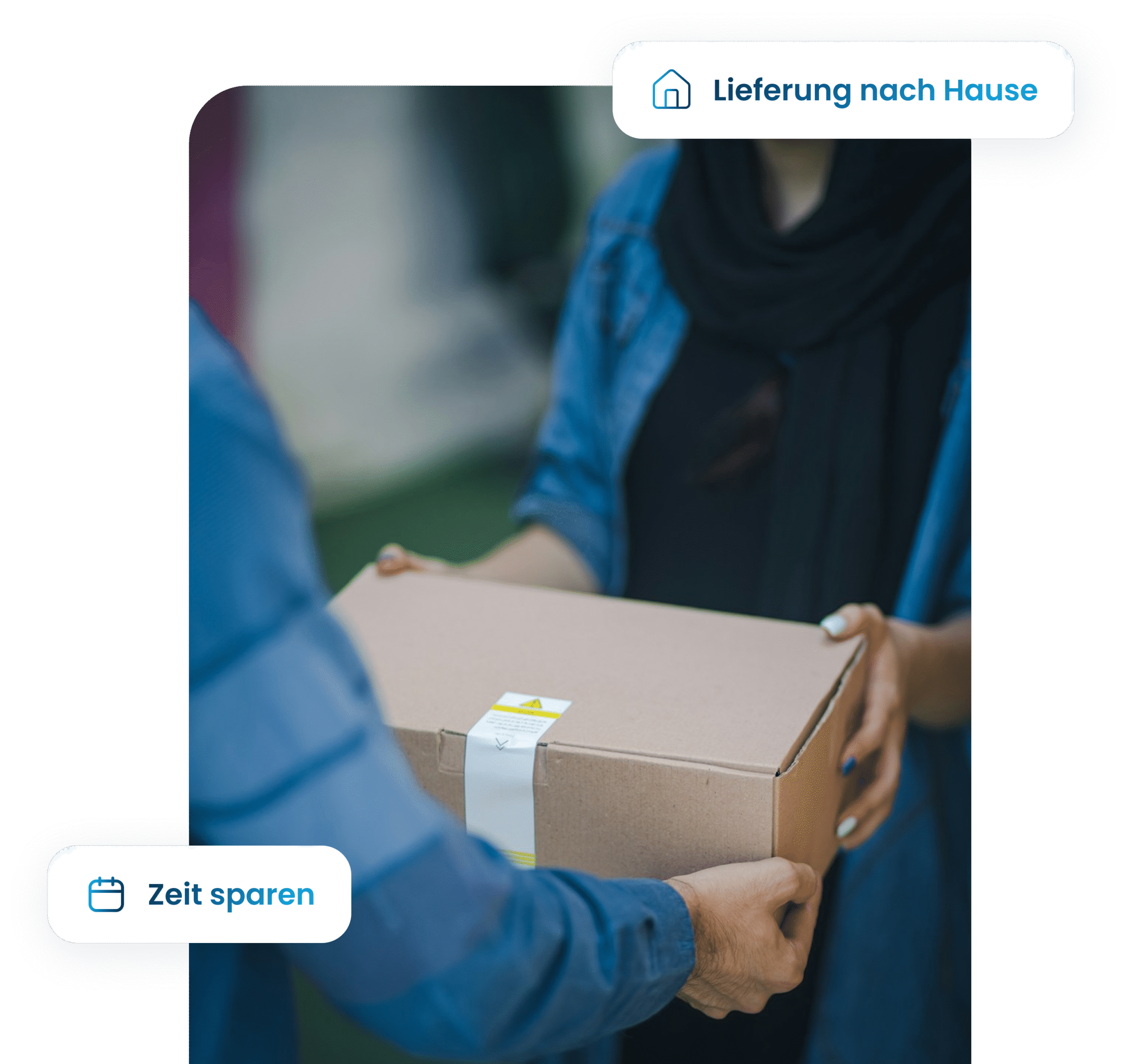 Paketübergabe: Person erhält ein Paket von einem Lieferdienst, Banner „Lieferung nach Hause“ und Badge „Zeit sparen“