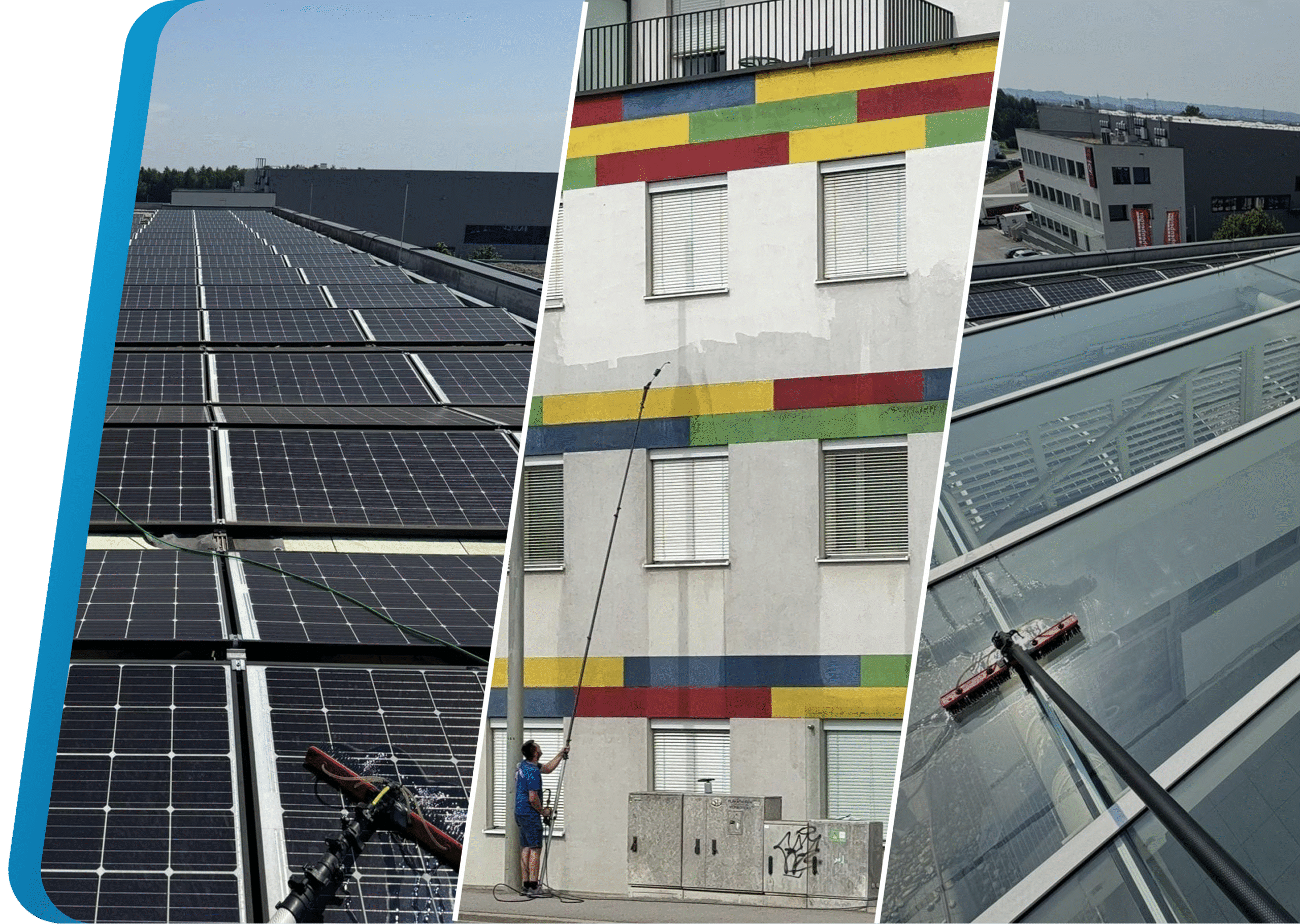 Collage aus drei Bildern: links Solarpanels einer Photovoltaikanlage, in der Mitte farbige Gebäudefassade während der Reinigung mit Teleskopstange, rechts Reinigung eines Glasdaches – Darstellung der QClean Dienstleistungen