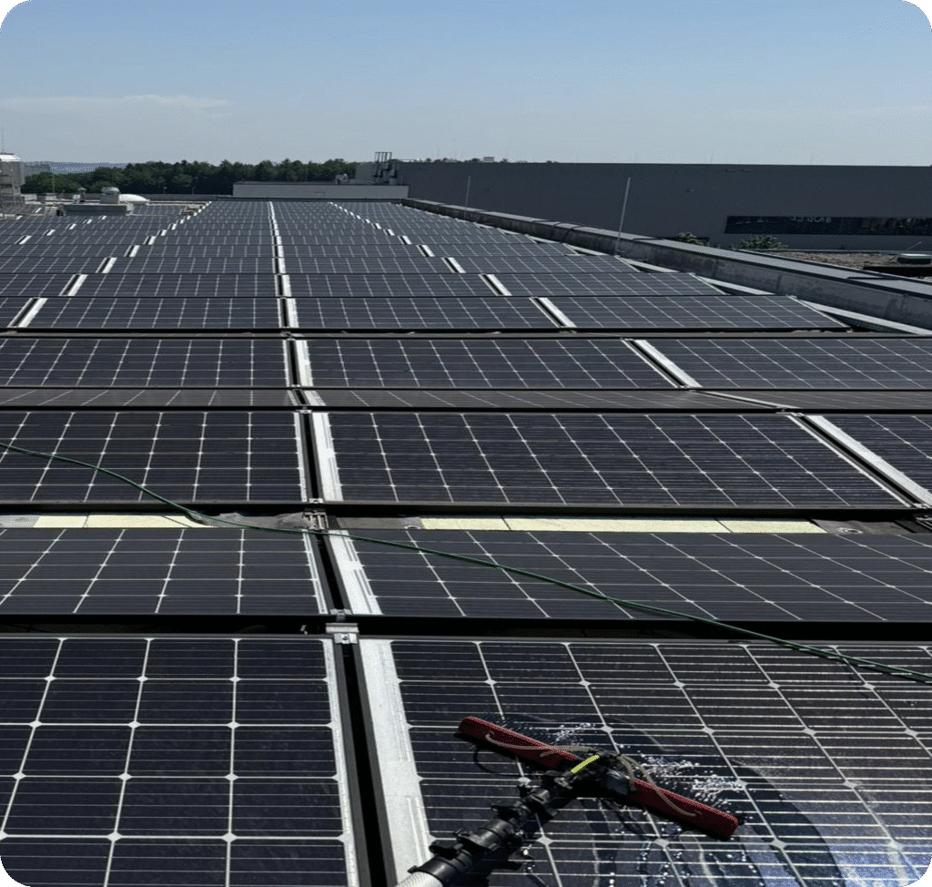 Reihen von Solarmodulen auf einem Flachdach mit Reinigungsbürste und Teleskopstange zur Photovoltaikreinigung